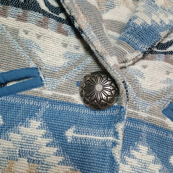 Vintage New Identity Tapestry Blue Aztec Heavy Blazer Jacket Cropped Boxy Size S - Picture 2 of 9